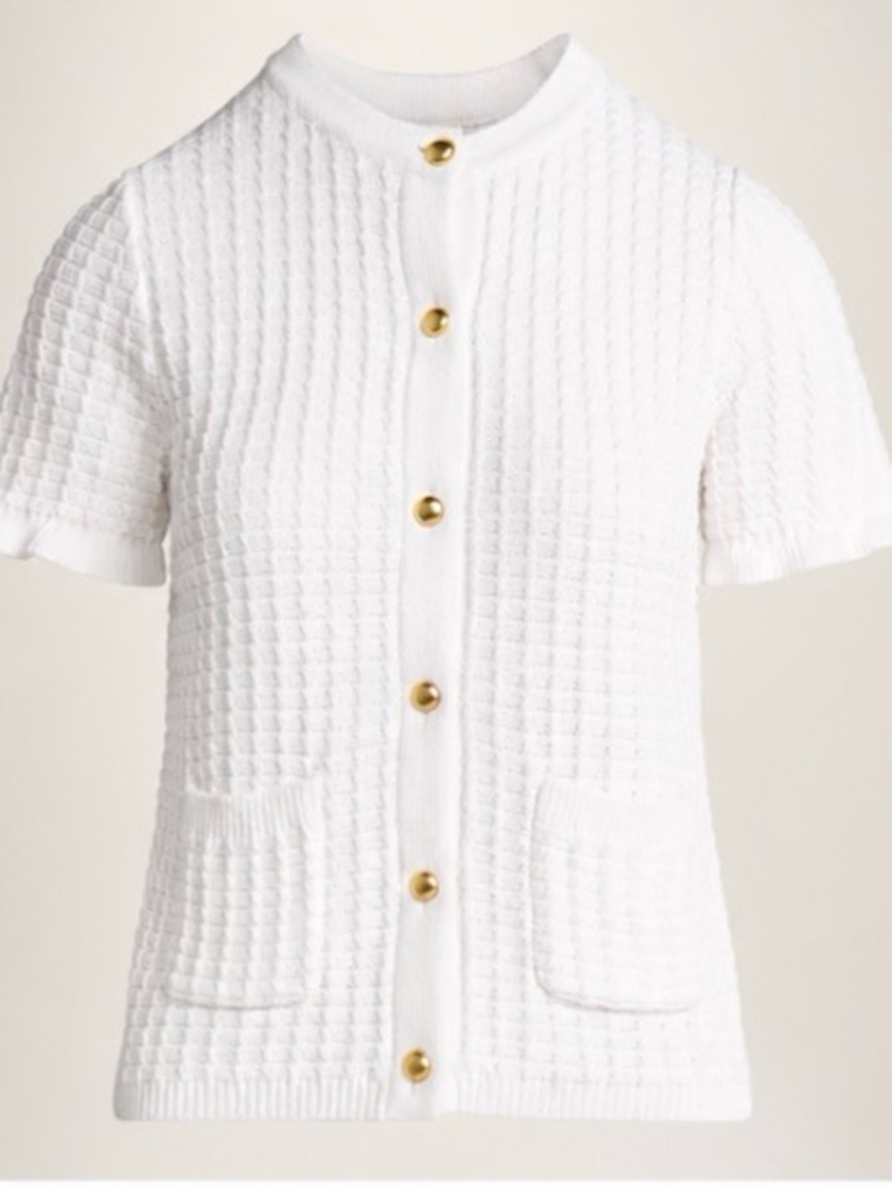 White Short-Sleeve Textured Button-Front Cardigan.  Size Large